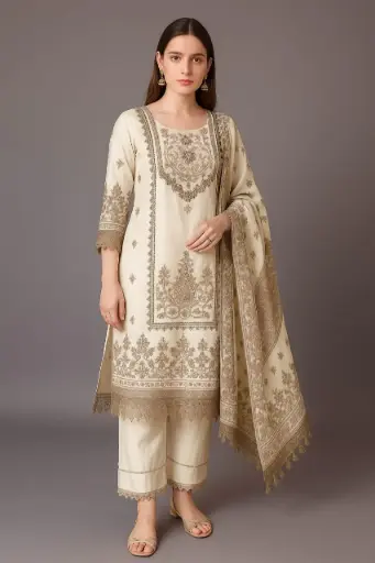 cream embroidered kurta set with dupatta traditional women ethnic outfit