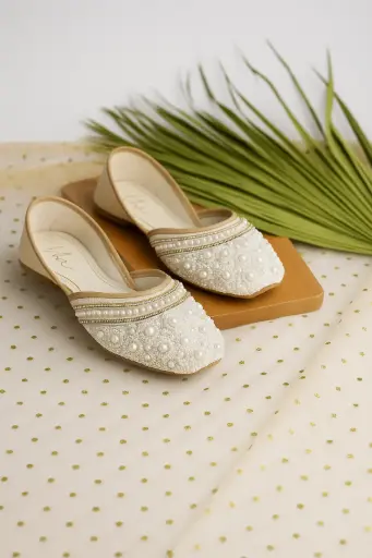 handcrafted pearl beaded ivory juttis traditional women footwear