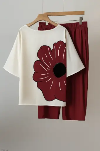 Women's Floral Print Co-Ord Set – Cream Top with Burgundy Flower & Matching Pants
