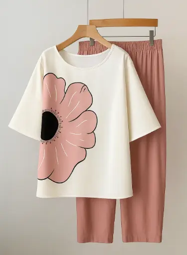 Women's Casual Summer Loungewear Set – Oversized Floral T-Shirt and Relaxed Fit Shorts (Pink & White)