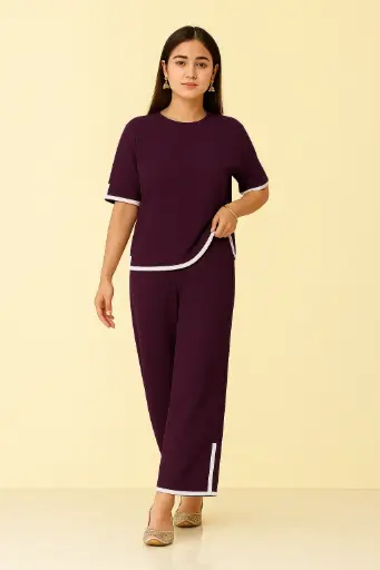 Women's Stylish Purple Co-ord Set with White Border | Elegant Western Two-Piece Outfit for Casual & Party Wear
