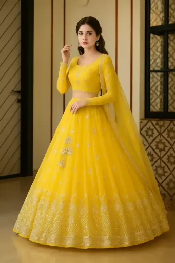Sunshine Yellow Embroidered Net Lehenga Choli for Women – Festive & Wedding Wear