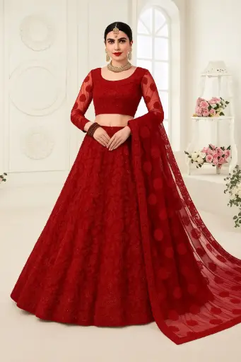 Stunning Maroon Red Embroidered Net Lehenga Choli with Dupatta for Women