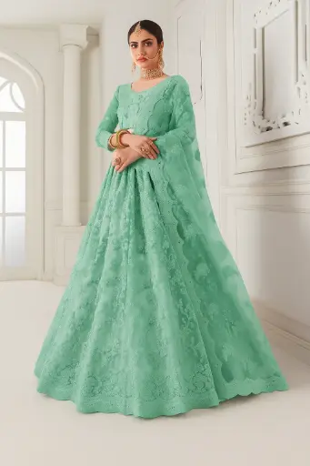 Elegant Sea Green Embroidered Net Lehenga Choli with Dupatta for Women
