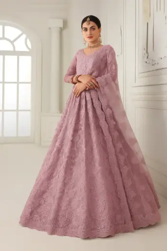 Elegant Lavender Net Embroidered Anarkali Gown for Women | Bridal & Party Wear Lehenga Style Dress