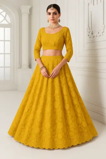 Mustard Yellow Embroidered Net Lehenga Choli with Dupatta for Women