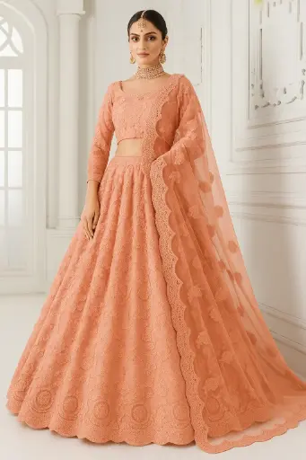 Blush Pink Embroidered Net Lehenga Choli with Dupatta for Women