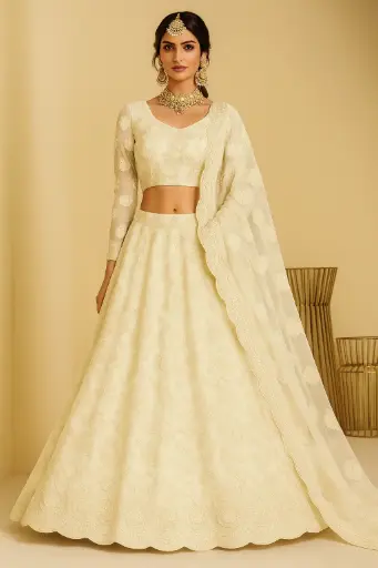 Elegant Off-White Embroidered Net Lehenga Choli with Dupatta for Women - Bridal & Festive Wear