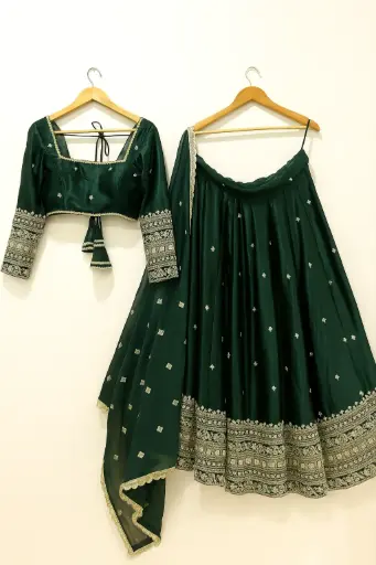 Velvet Teal Green Embroidered Lehenga Choli With Dupatta