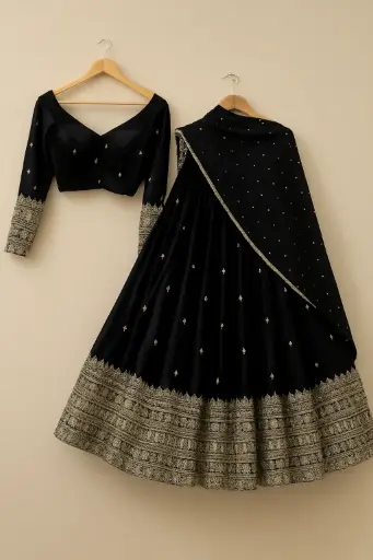 Black Velvet Lehenga Choli with Golden Embroidery and Dupatta for Women