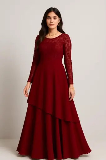Elegant Maroon Layered Ethnic Gown for Women with Lace Bodice and Full Sleeves – Perfect for Evening Parties